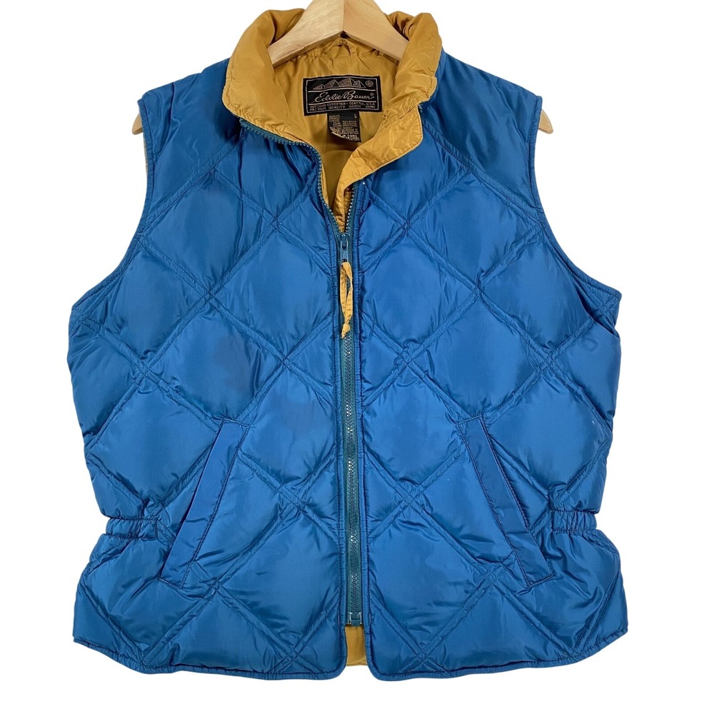 Eddie Bauer Womens Goose Down Quilted Full Zip Cinch Vest sz L Blue Outdoor Cozy